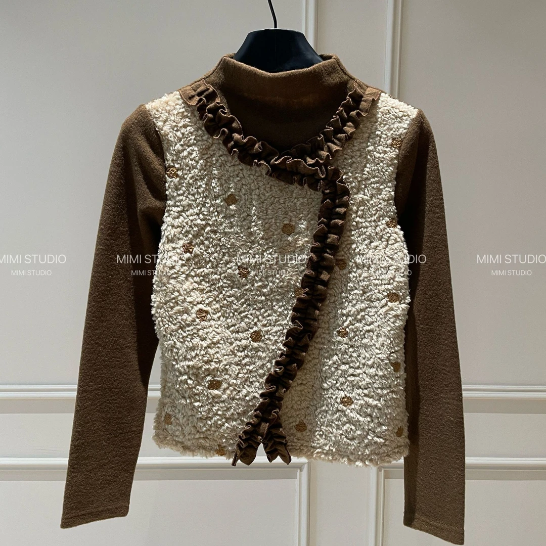 2025秋冬新款复古提花木耳边设计感T恤女长袖修身百搭上衣1426