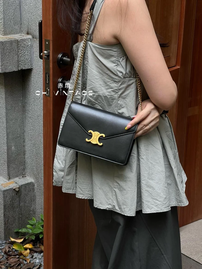 99新 Celine/思琳 7555 黑金凯旋门信封链条斜挎包