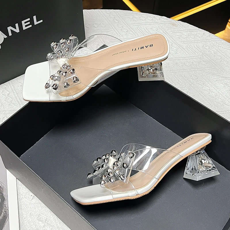轻奢方头水钻透明高跟时尚一字带粗跟外穿高跟水晶拖鞋