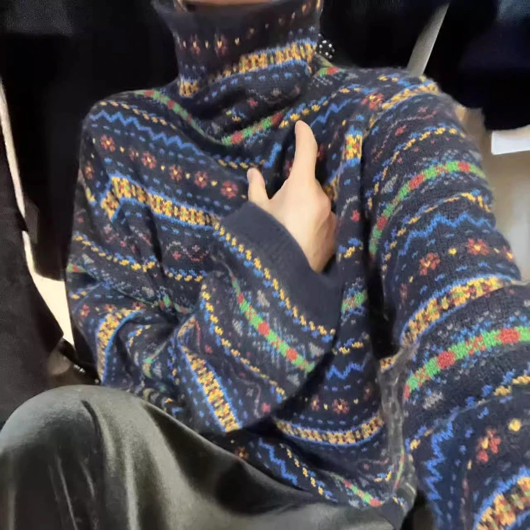 圣诞特供款设计感浣熊绒堆堆领软糯毛衣提花套头针织衫高领上衣