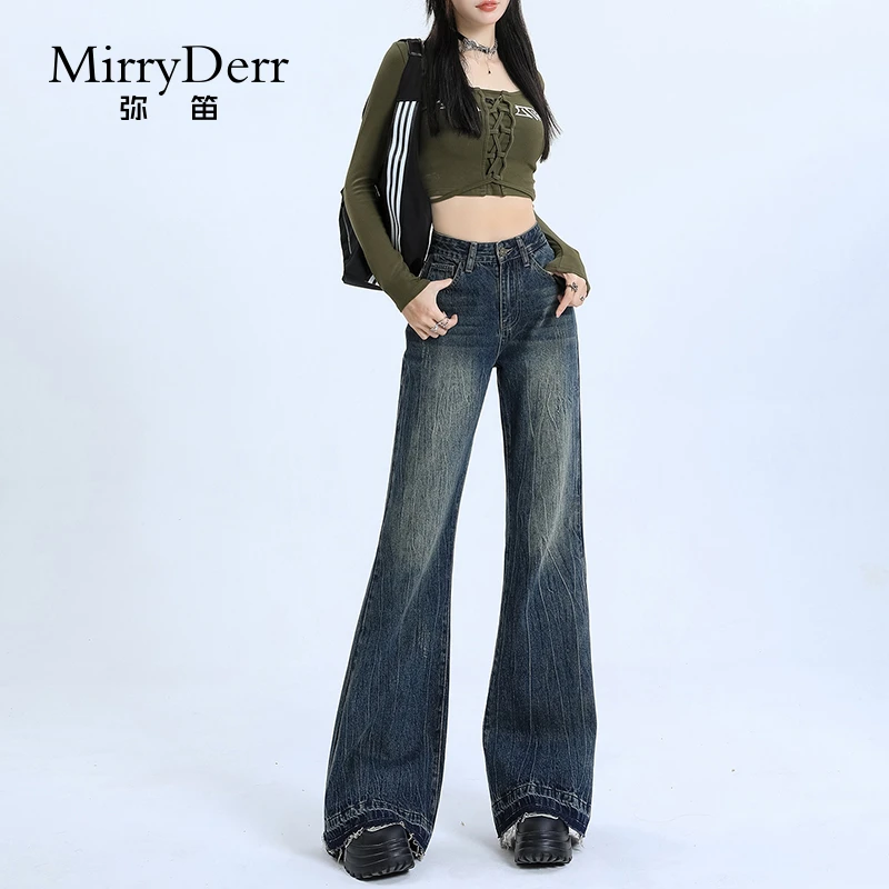 MirryDerr/弥笛美式复古微喇裤女2025秋季新款高腰时髦牛仔喇叭裤