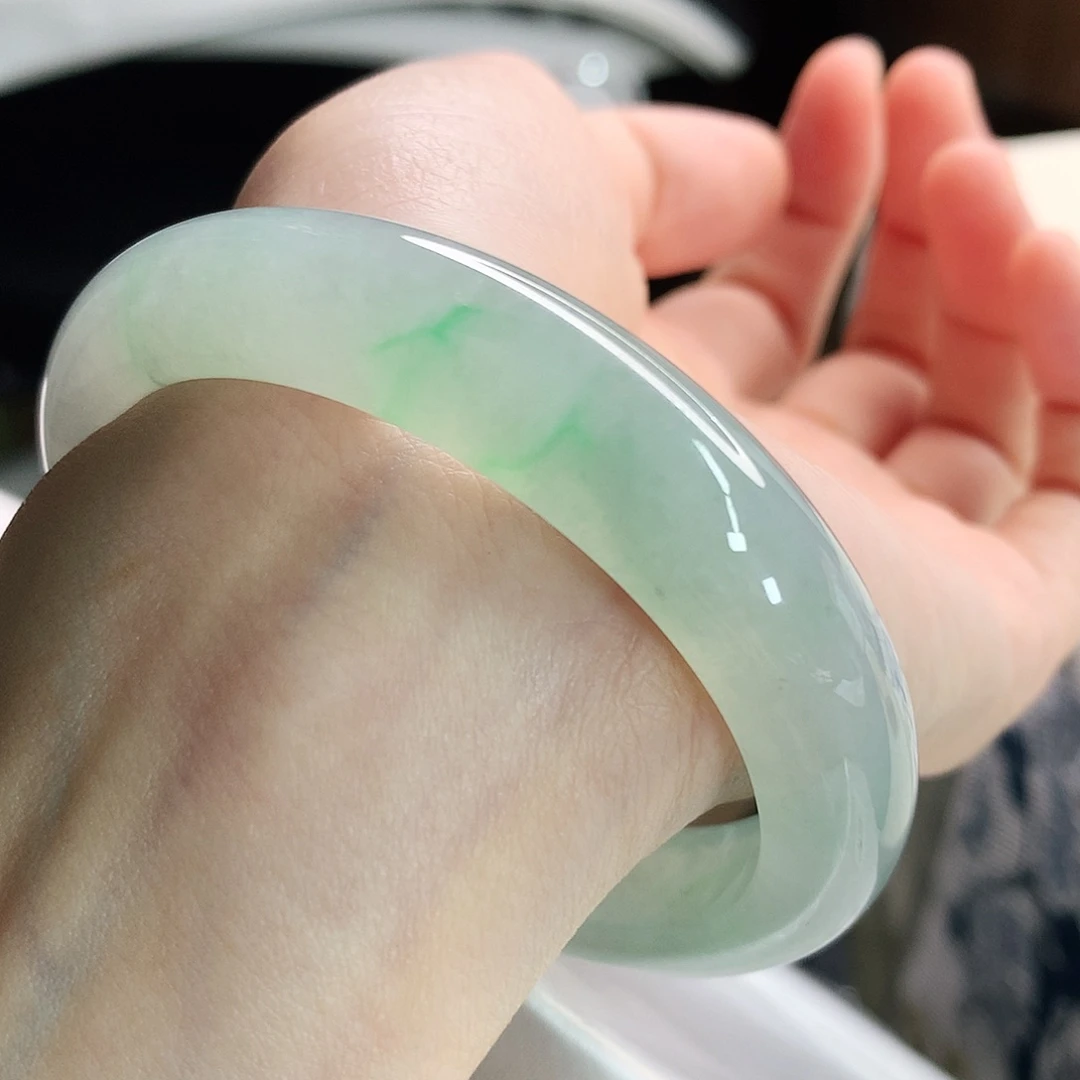 未镶嵌手镯翡翠55.7圈口冰种晴绿金丝阳绿正圈