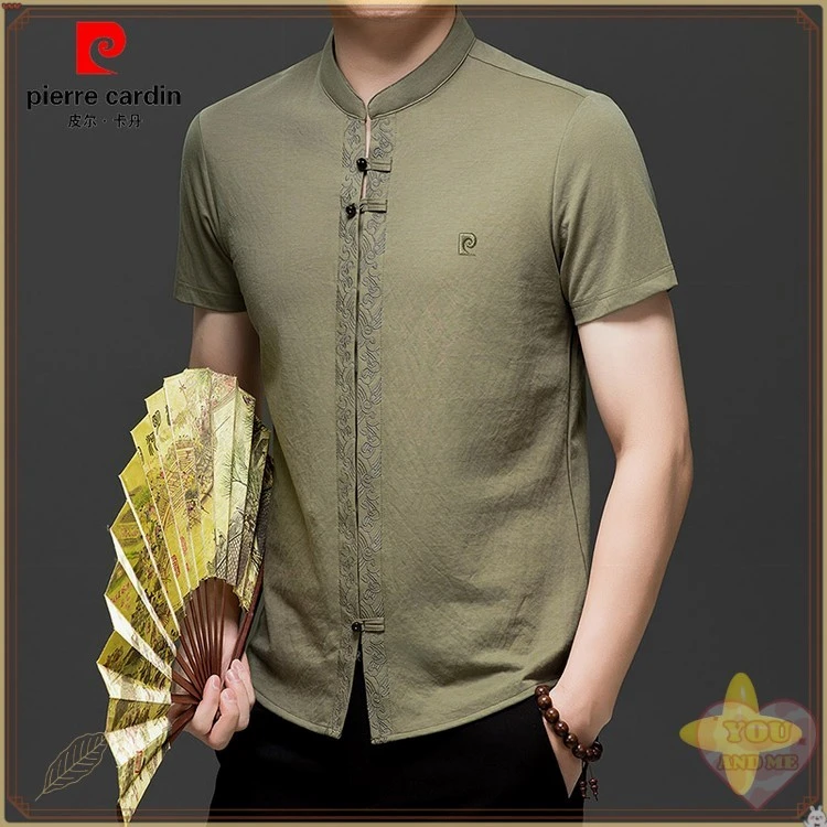 皮尔卡丹夏季新款男士中国风短袖衬衣休闲商务风纯色宽松透气衬Zv