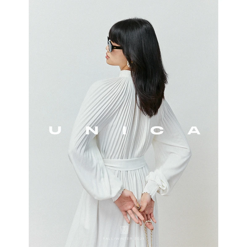 UNICA/夏季B败百褶显瘦气质宽松泡泡袖女裙子长袖衬衫连衣裙