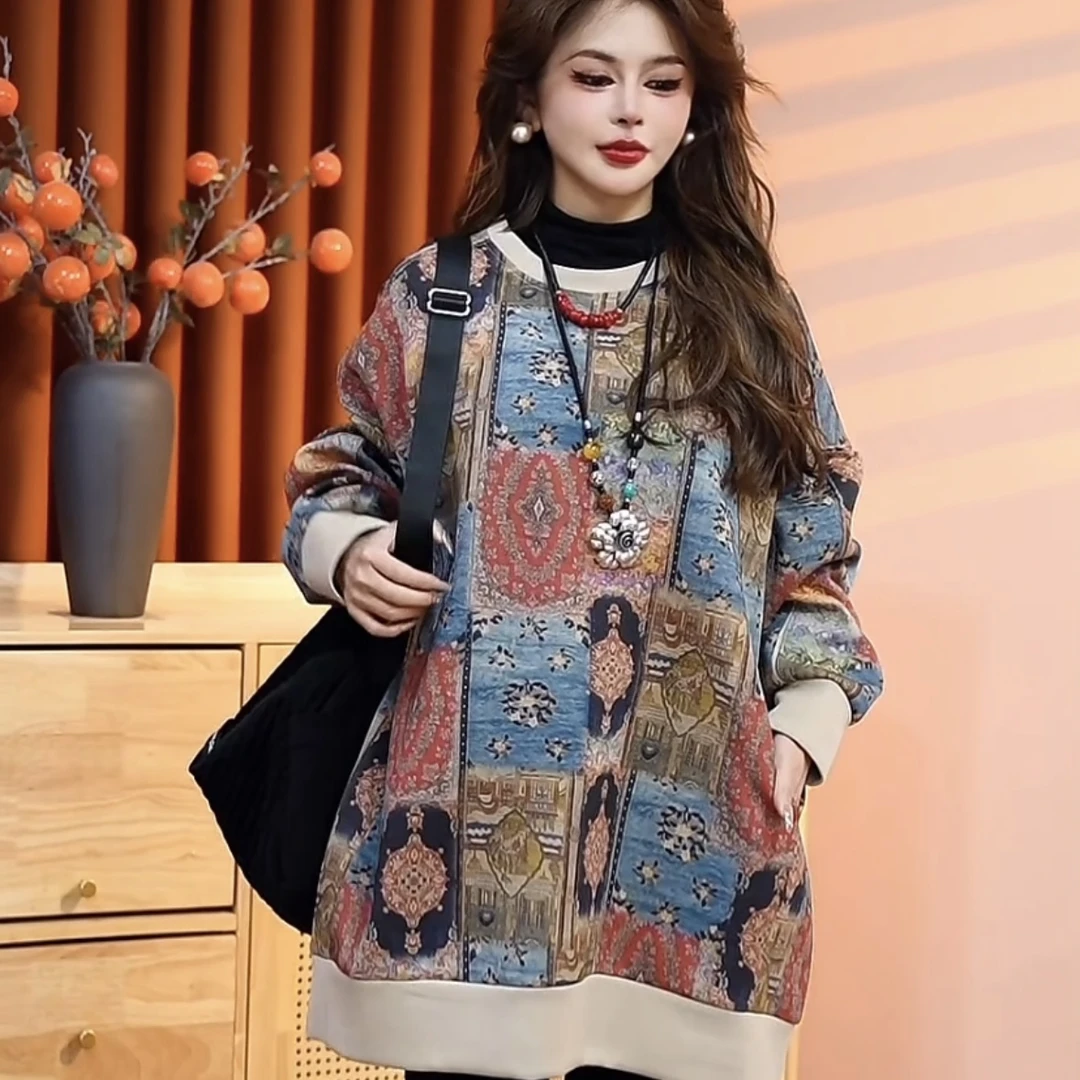 2025春季新款花色中式复古气质减龄大版圆领女款长袖卫衣25940