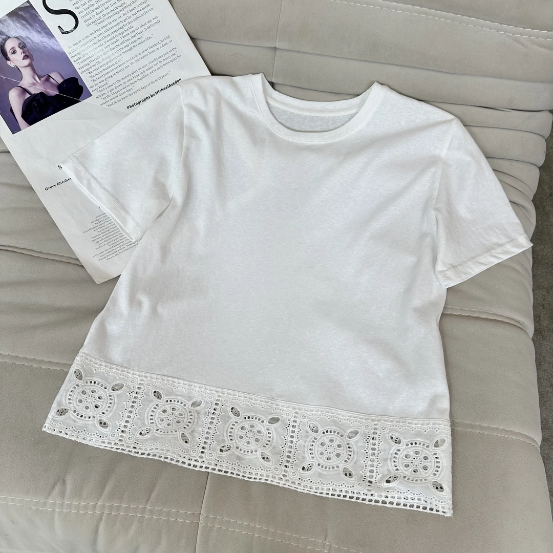 【米可家】重工花边蕾丝拼接雪花棉短袖T恤08