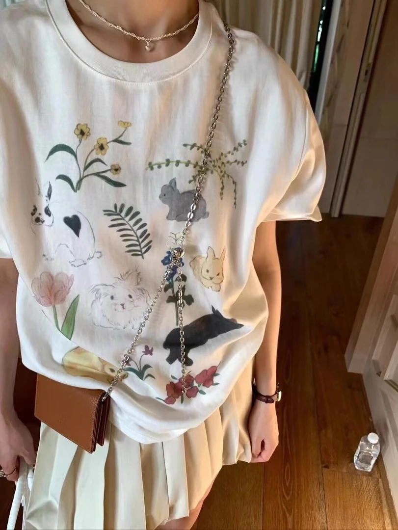 美式复古甜美学院趣味童趣卡通印花落肩袖宽松纯棉重磅短袖T恤女