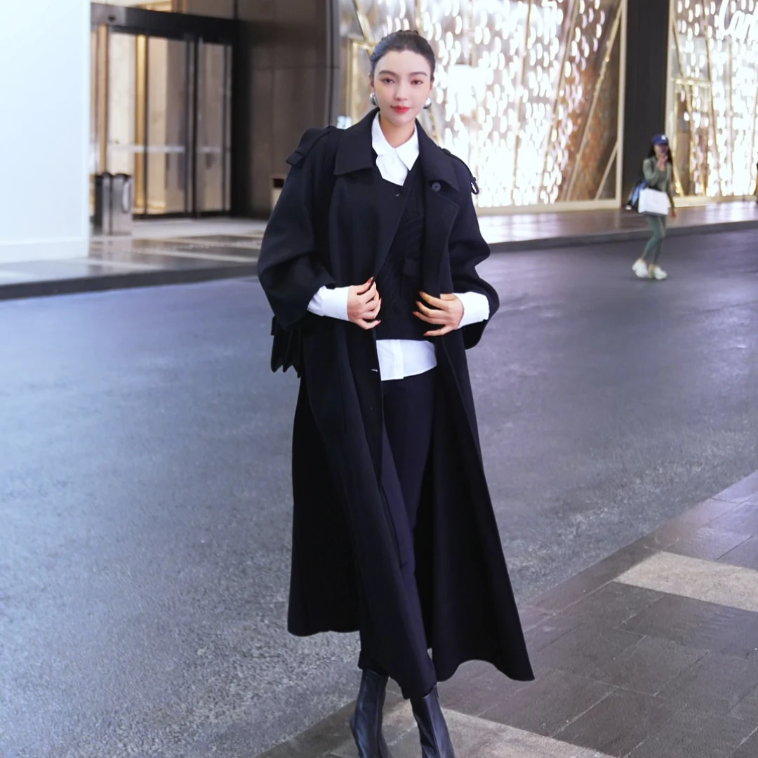 MARYLING玛俪琳冬季黑色翻领双排扣双面呢系带宽松大衣A1DHW93590