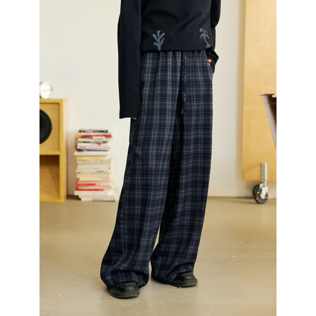 章鱼家【可调节抽绳】复古格纹磨毛休闲裤垂感保暖直筒裤octopusme