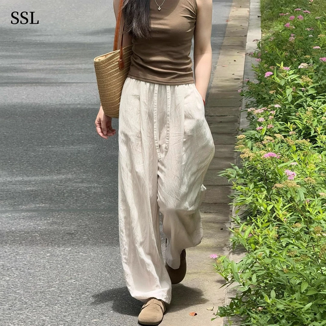 亚麻冰丝气球弯刀裤女夏季薄款休闲慵懒遛弯裤高腰垂感棉麻阔腿裤