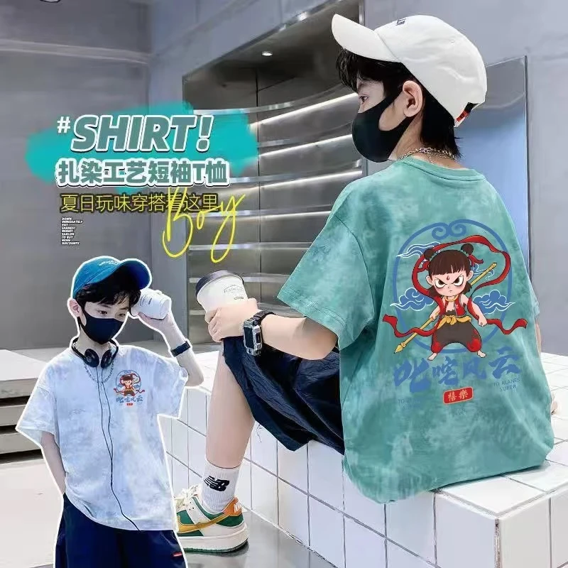 男童纯棉t恤夏装新款儿童哪吒卡通短袖中大童宽松上衣韩版体恤潮