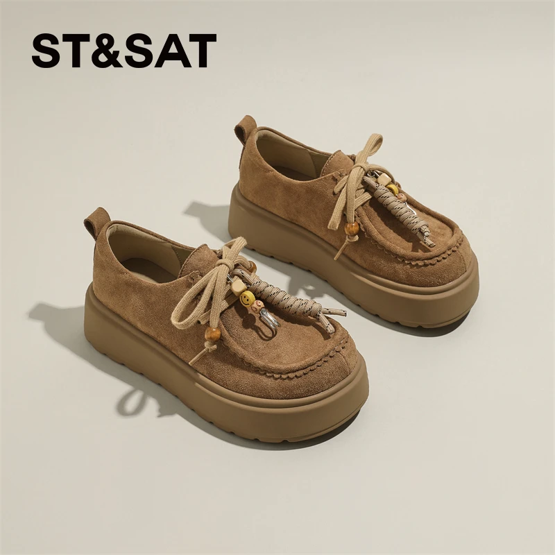 星期六时尚串珠乐福鞋女2025秋季简约女士厚底单鞋舒适不累脚板鞋