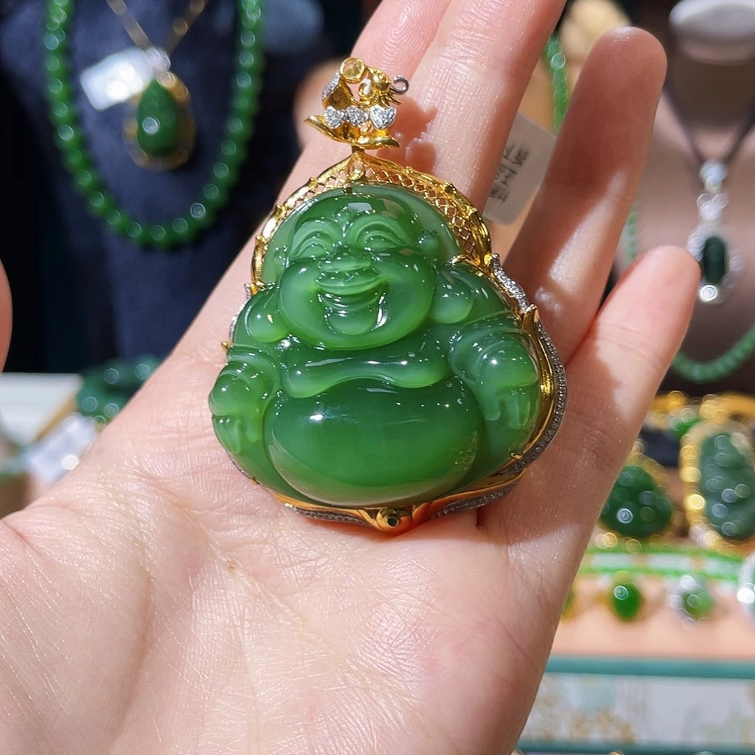 和田玉（碧玉）18K金镶嵌吊坠(不含链)