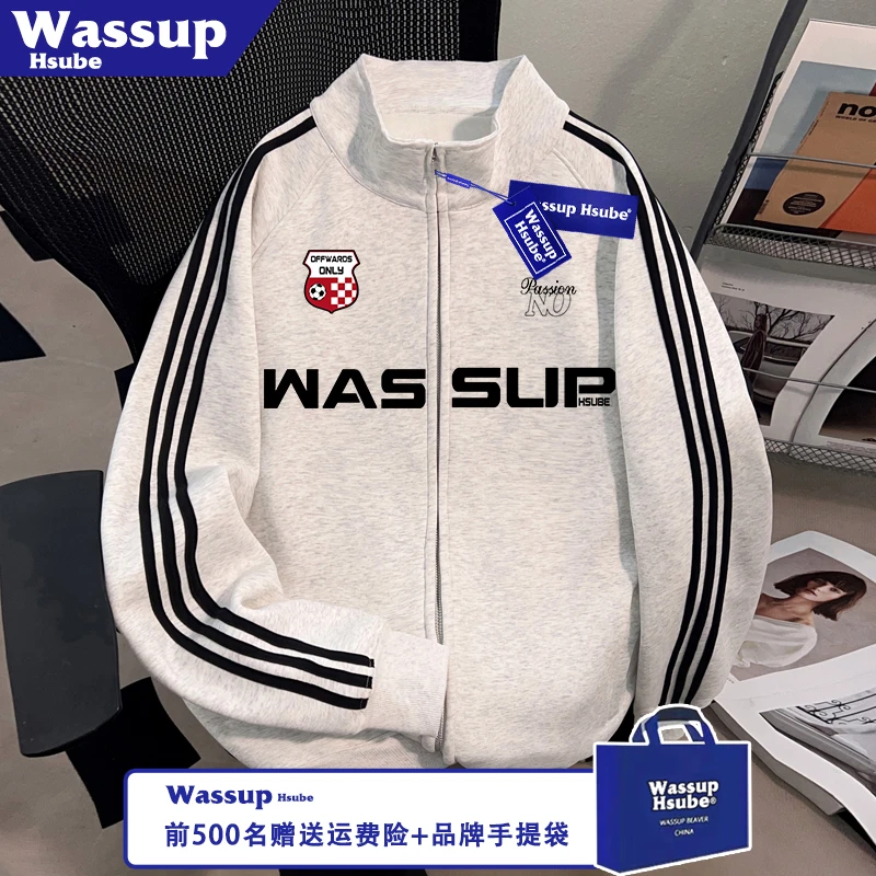 WASSUP HSUBE盾标英文印花外套男女款拉链卫衣秋冬季立领潮牌开衫