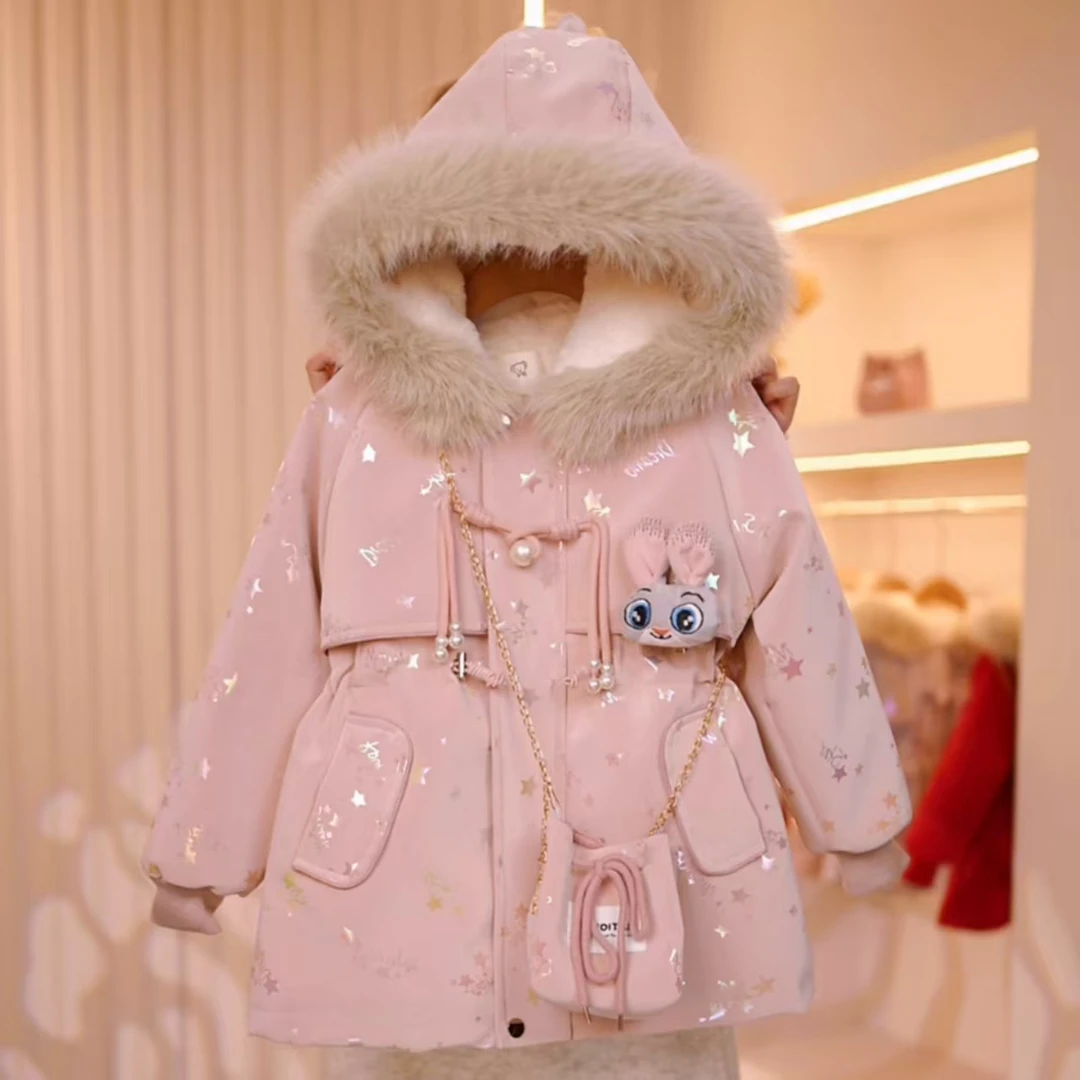 M【璀璨星空.免洗皮衣】女童时尚儿童加绒加厚星星冬季派克服