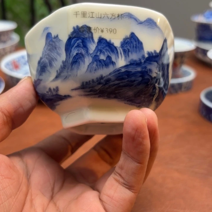 盖碗山水六方杯景德镇发货
