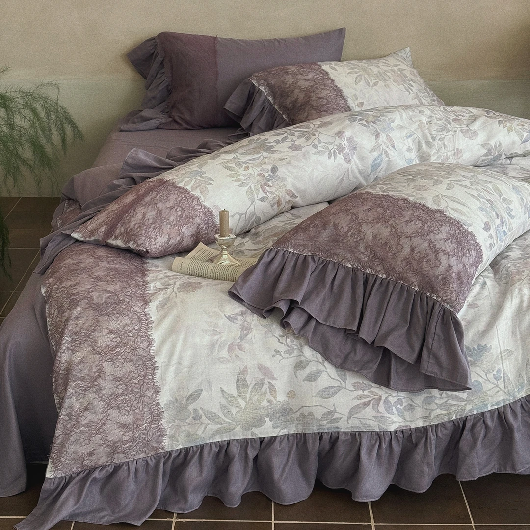 法式复古四季全棉双层纱布四件套纯棉蕾丝印花被套小众中古风床品