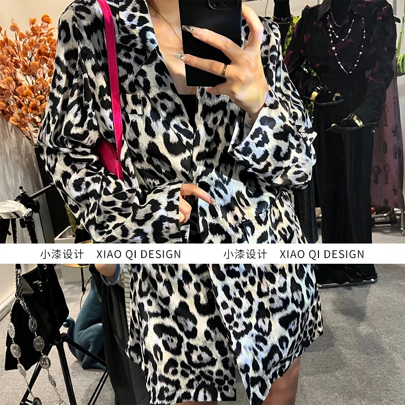 欧美风辣妹复古西服衬衫女高级感豹纹个性长袖上衣潮55667