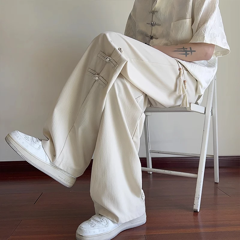 优桓新中式冰丝裤子男夏季薄款中国风阔腿裤宽松直筒男士休闲长裤