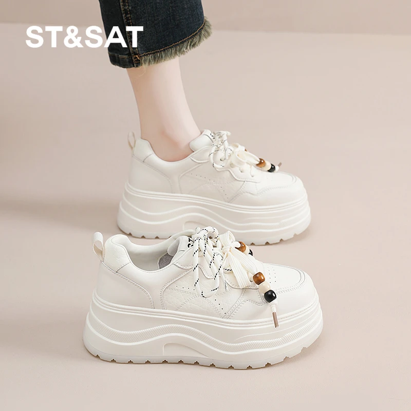星期六真皮厚底百搭小白鞋女2025秋季新款小个子增高6公分松糕鞋