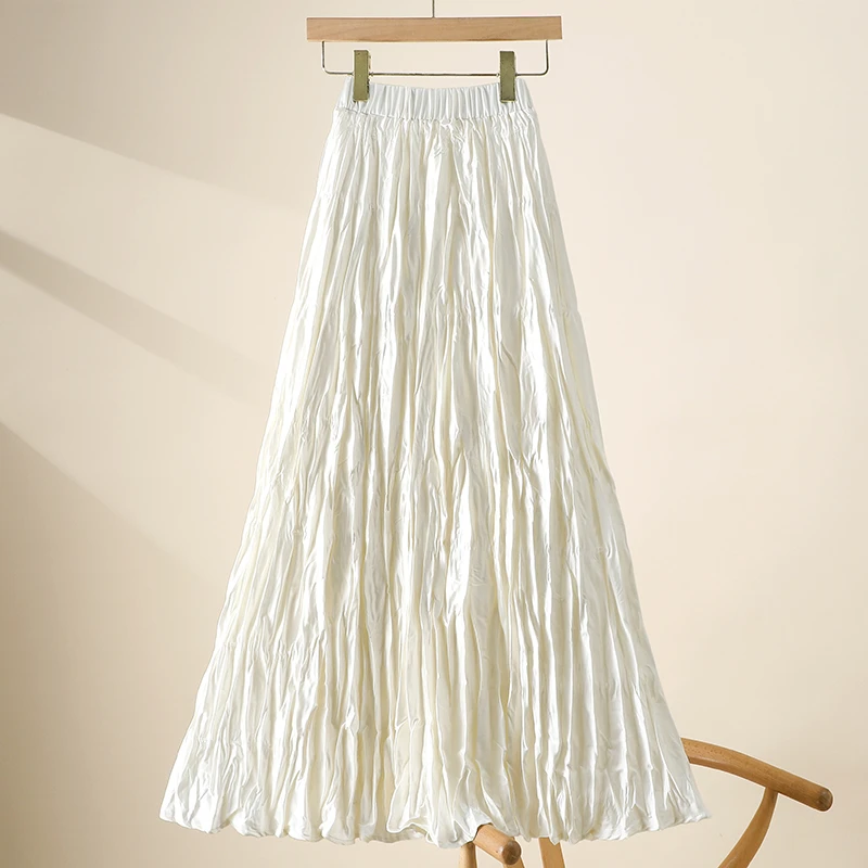 春季新款超长裙丝滑褶皱半身裙女高腰松紧腰皱皱a字裙缎面长款