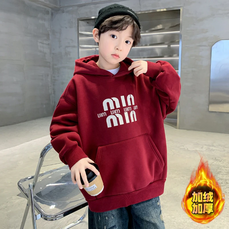 男童加绒卫衣6-12岁潮款中大童男孩秋冬款连帽儿童一体绒加厚洋气