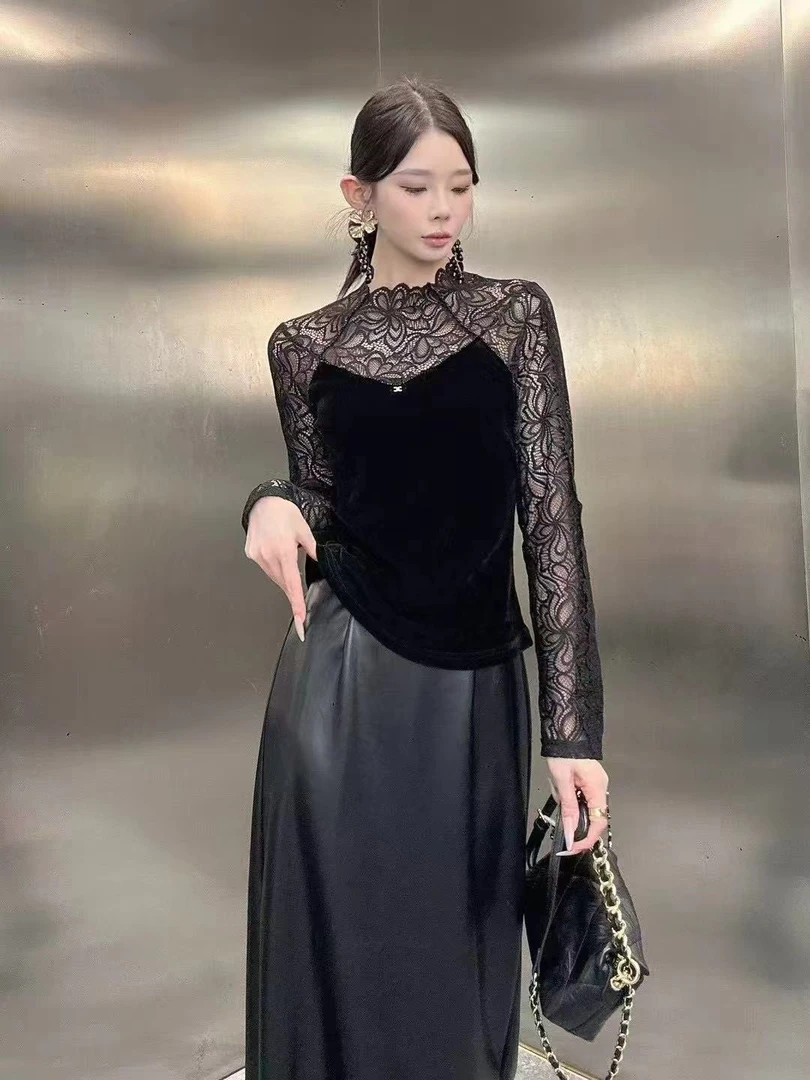 【锦衣服饰】ONM 7628法式蕾丝拼接植绒高级感长袖打底