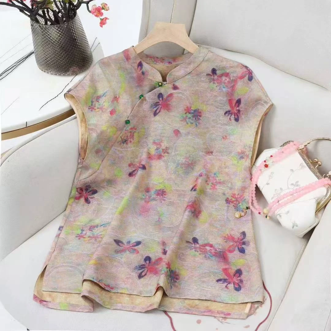 新中式（流萤箩衫）金标浮光锦国风花萝短袖夏季薄款T恤65衣长