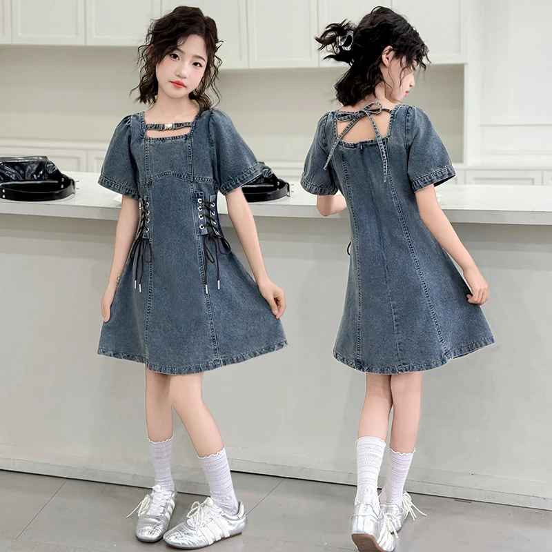 女童夏季牛仔裙短袖连衣裙2025新款中大童韩版复古夏季洋气童装