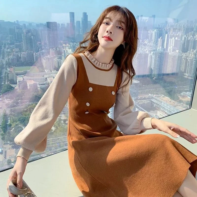 质量法式针织连衣裙收腰显瘦小香风假两件中长款毛衣裙