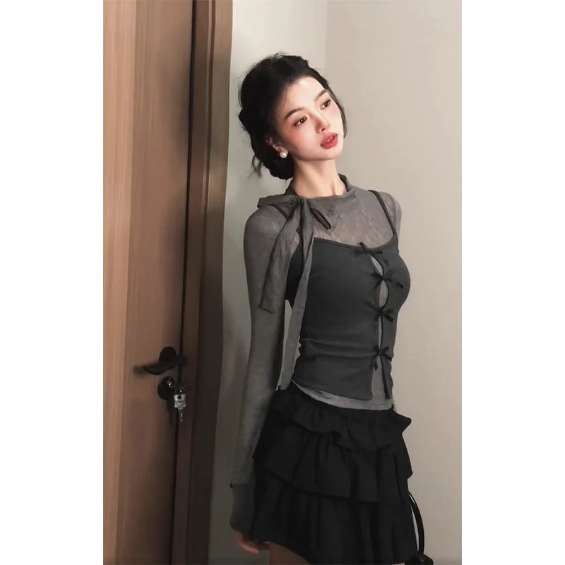 时尚穿搭女士秋季圆领长袖慵懒风内搭上衣蝴蝶系带背心小众蛋糕裙