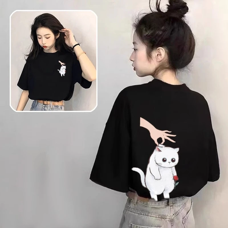 2025春新款重磅纯棉猫咪短袖女T恤宽松慵懒风半袖ins小众百搭上衣