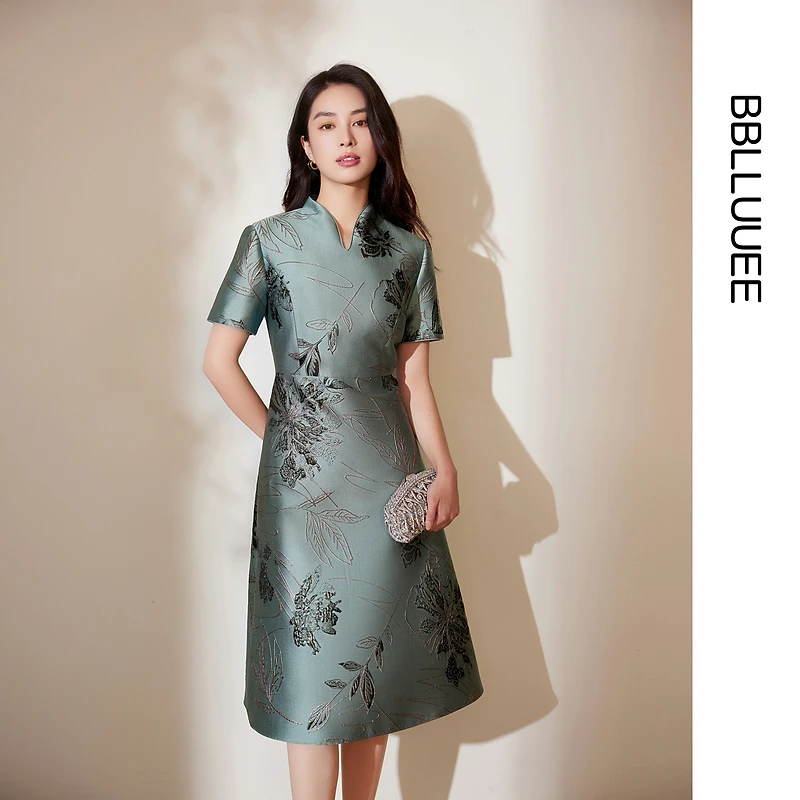 【山水入纹】粉蓝衣橱2025夏季新款气质东方叶影提花礼服连衣裙女