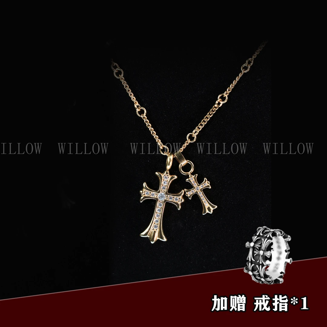 钛钢项链 彩钻双十字架项链满锆轻奢潮流ins百搭男女气质情侣项链