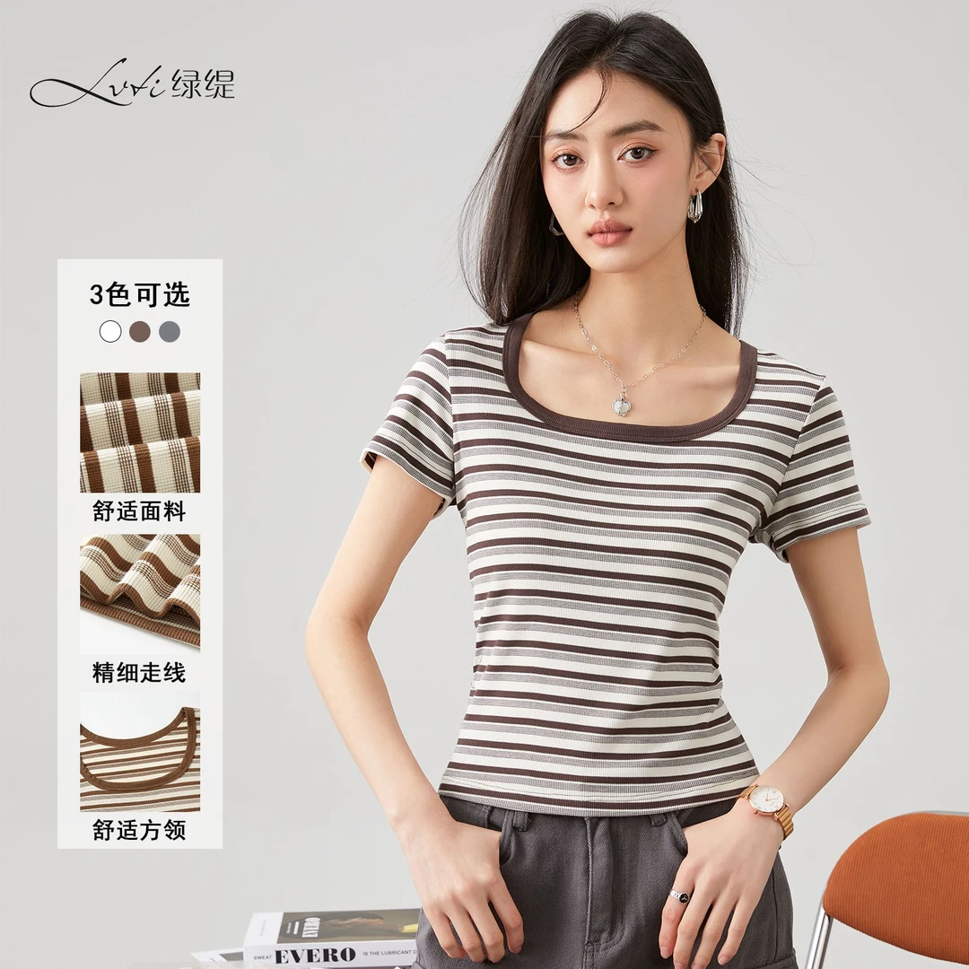 撞色条纹短袖t恤女夏季2025新款美式复古学院风宽松慵懒上衣