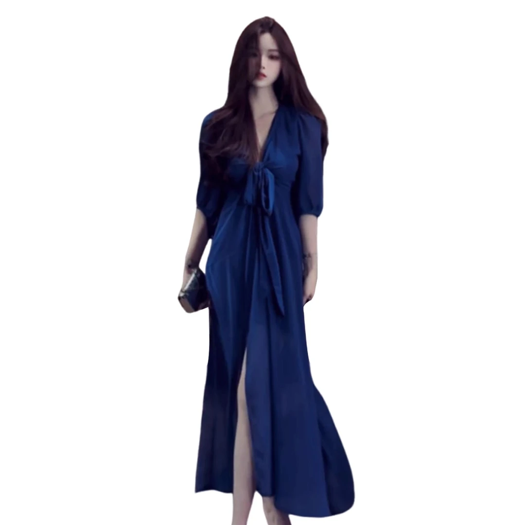 2025新款御姐高级蓝色v领雪纺连衣裙子女夏季巨好看收腰开叉长裙