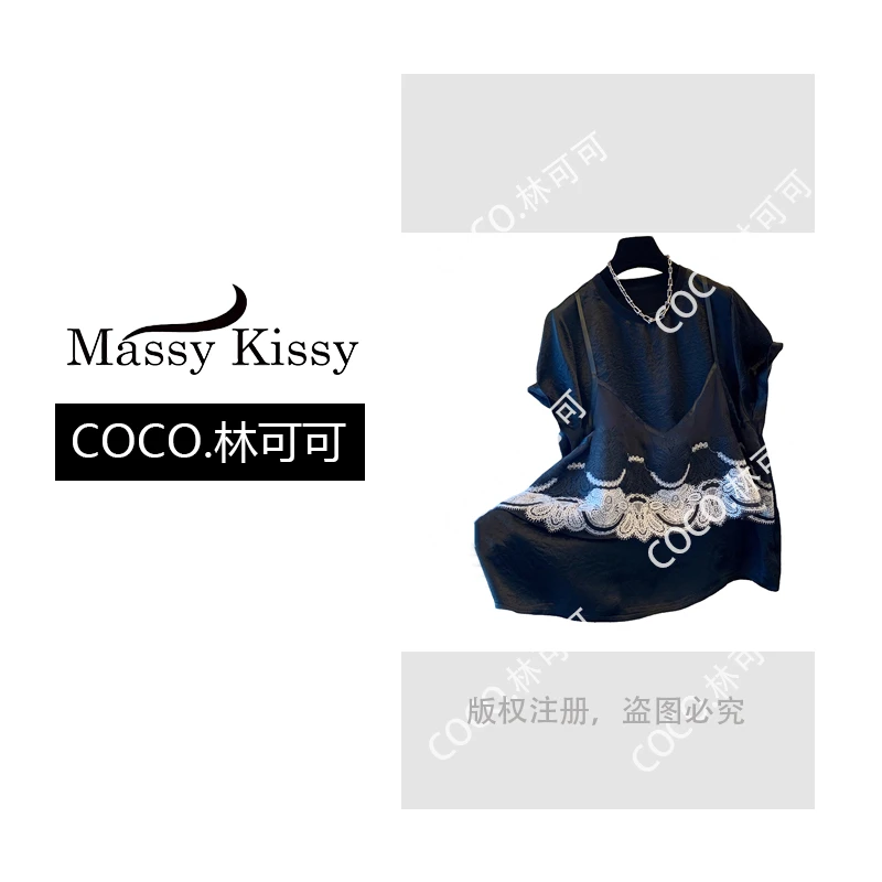 【COCO林可可】夏季假两件蕾丝碎花边女宽松T恤黑色短袖大码显瘦潮