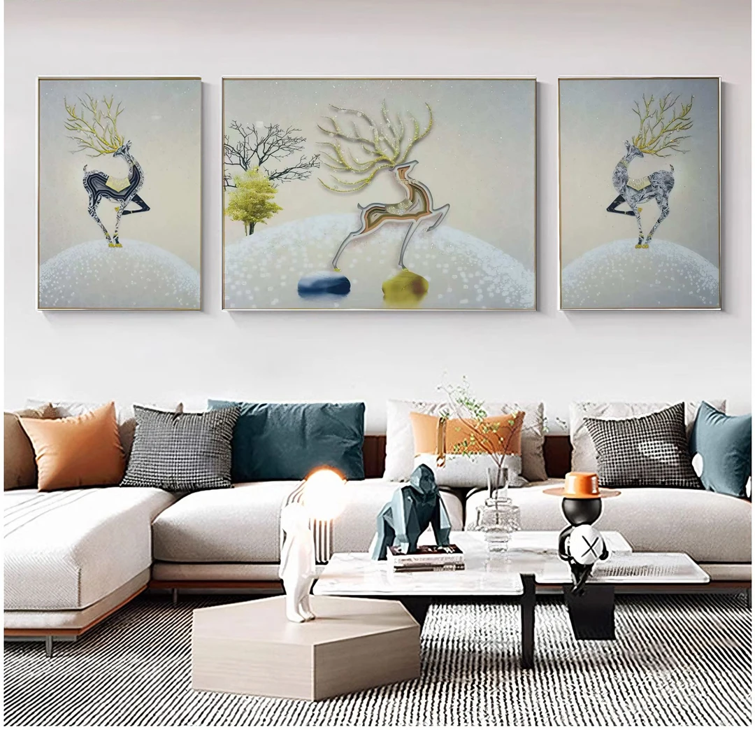 新中式钢化玻璃客厅鹿画沙发背景背靠金山三联轻奢福鹿装饰画