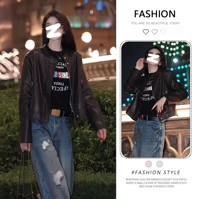 港风复古咖色皮衣短外套女春秋季小个子气质高级感夹克机车服上衣