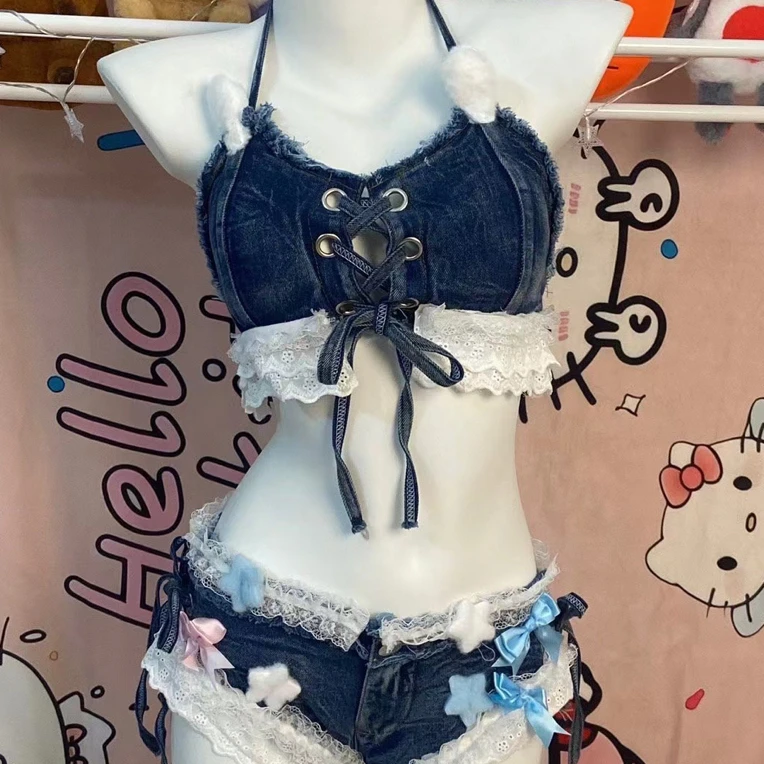 比基尼手作款甜辣妹kitty猫吊带背心抹胸搭配牛仔短裤泳衣套装