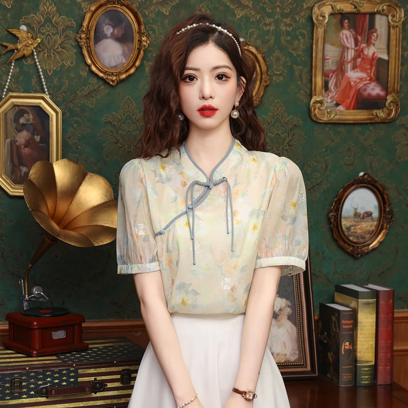 2024夏季新款国风立领盘扣短袖雪纺衫女衬衣洋气漂亮上衣碎花小衫