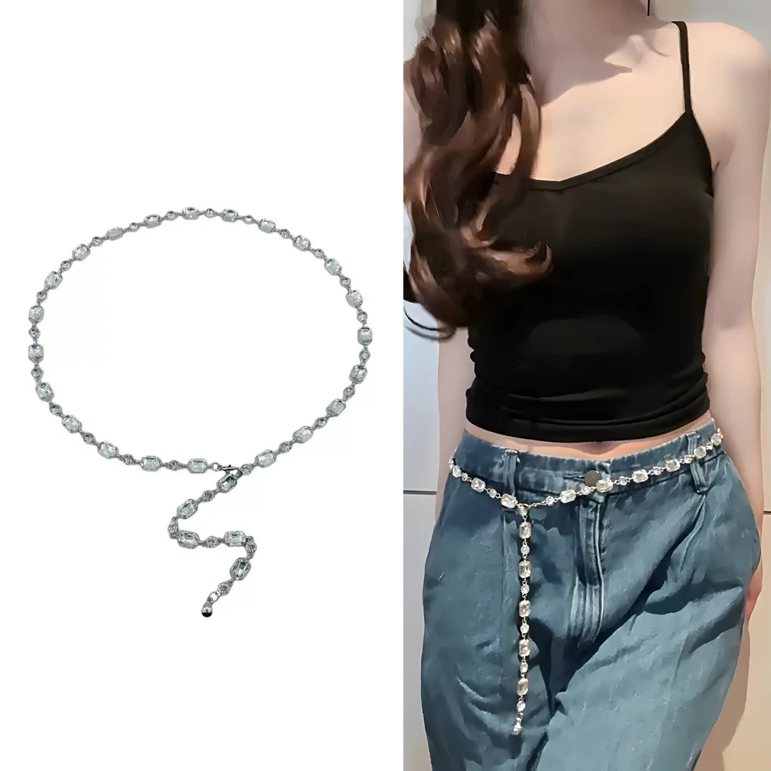 高级感水钻腰链配饰裙子裤子时尚百搭金属水晶爆闪收腰链条腰带女