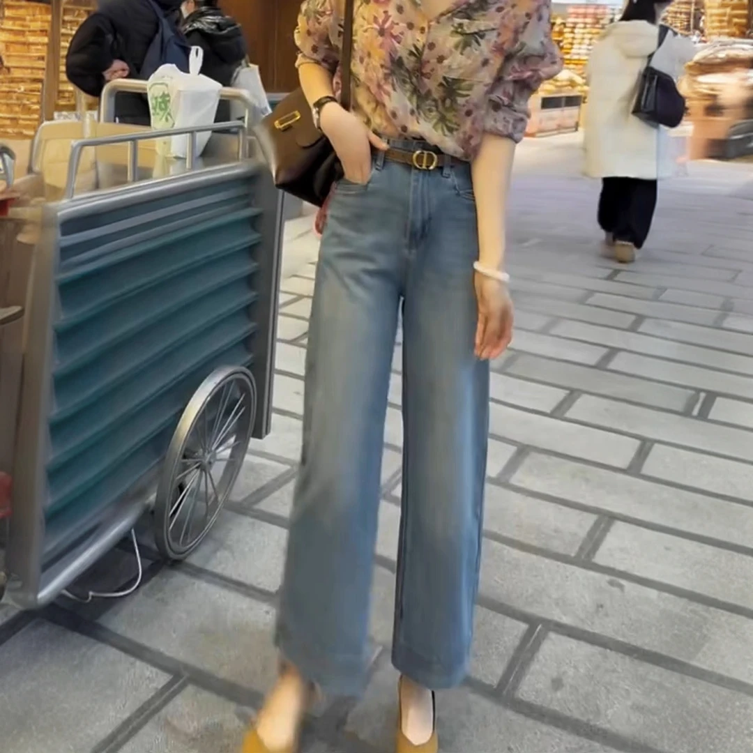 蓝色直筒牛仔裤女2025春夏新款大码高腰弹力宽松显瘦窄版阔腿裤子