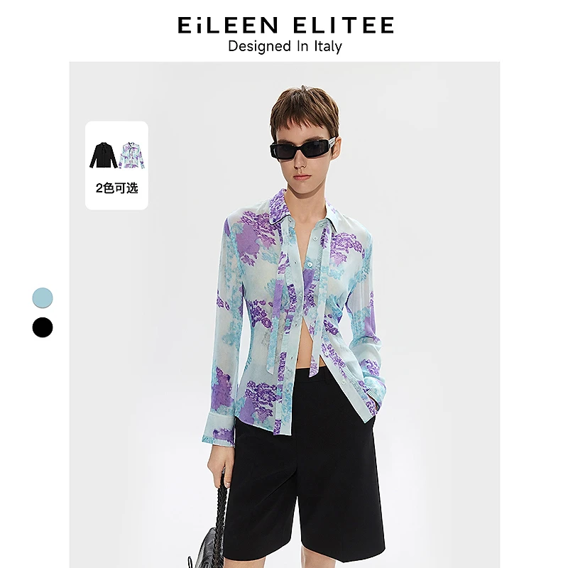 朗姿欧洲EiLEEN ELITEE双色复古压褶拼接衬衫2025年夏季新款上衣