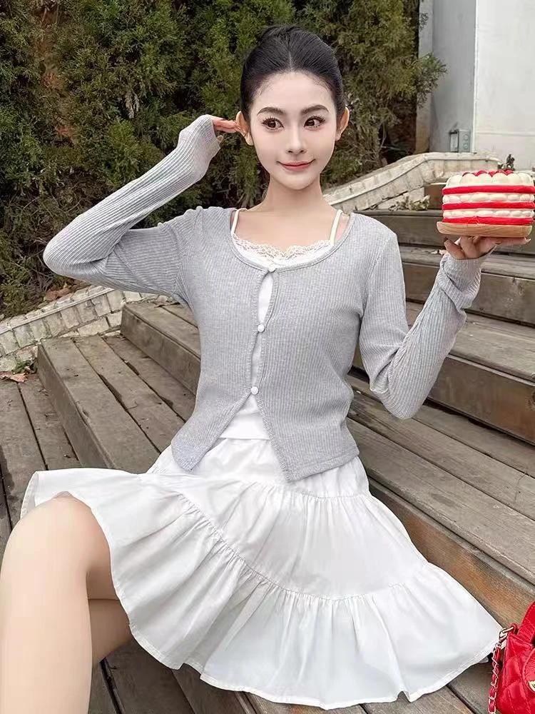66161#【无吊牌】温柔风时尚蕾丝吊带假两件针织上衣【A4-2】