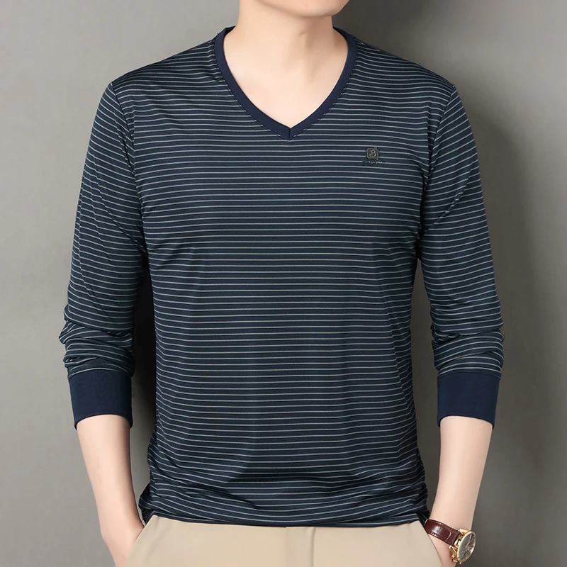 【专柜正品】高档轻奢男士秋季新款条纹V领透气T恤薄款长袖T恤
