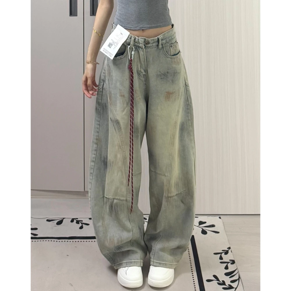 【送挂绳】美式复古弯刀牛仔裤女2025秋季宽松直筒阔腿拖地镰刀裤子