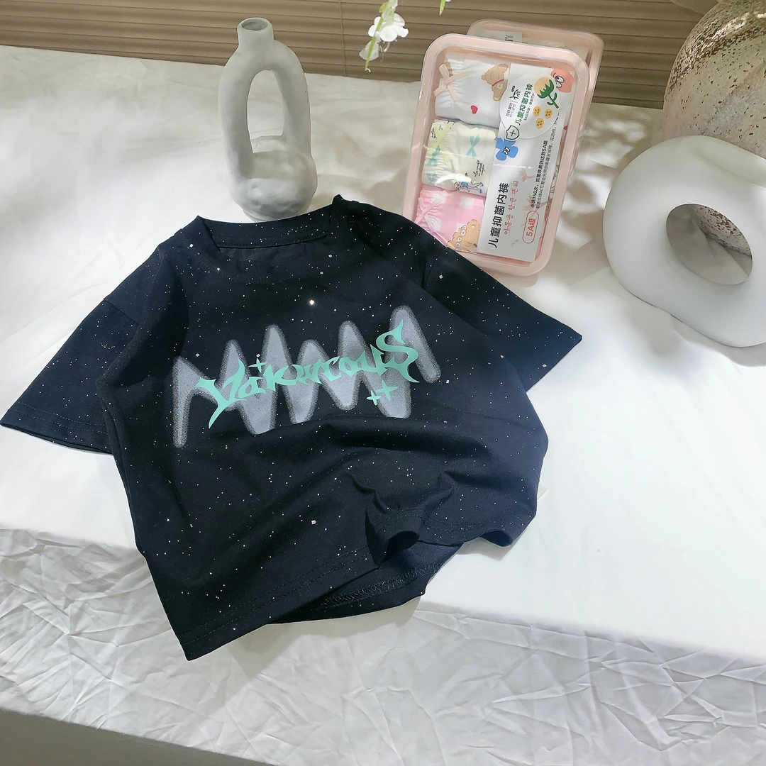 8828-2025夏季新款男女童满天星T恤时尚洋气字母宽松短袖上衣潮