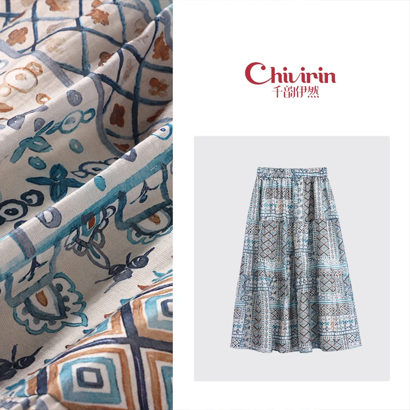 【千韵伊然】新款宽松显瘦气质优雅印花亚麻复古女式半身裙0114