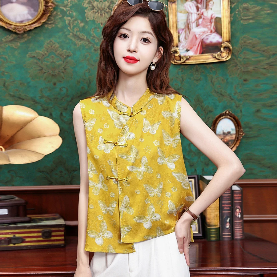 新中式国风复古立领盘扣碎花衬衫女夏季设计感文艺气质上衣小衫潮